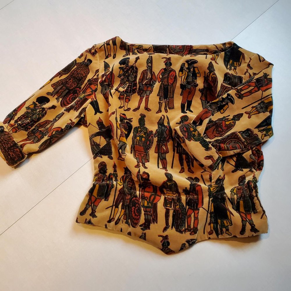Vintage Velvet Boat Neck Medieval Knights Warriors Print Armor Cropped Shirt - Picture 4 of 15